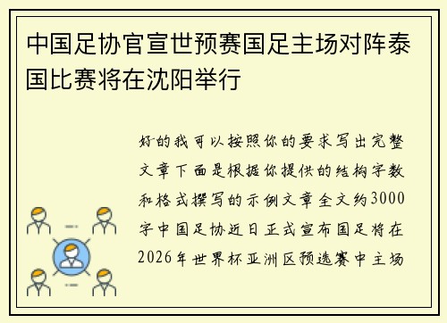 中国足协官宣世预赛国足主场对阵泰国比赛将在沈阳举行